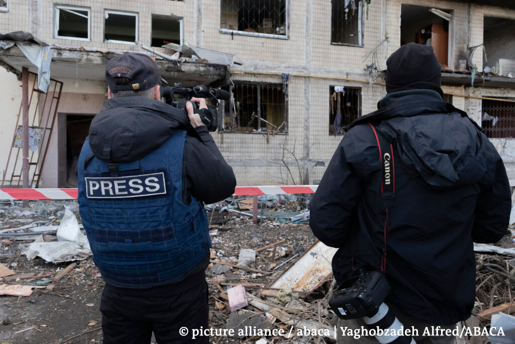Members of the media covering Russia's war on Ukraine in Kyiv (Kiev) Ukraine, March 14, 2022.