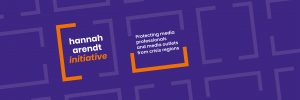 Logo of Hannah Arendt Initiative in orange and violet plus claim: "Protecting media professionals and media outlets from crisis regions".